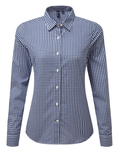 A women's button-up shirt in navy and white check pattern with long sleeves and a collar. It features a logo.