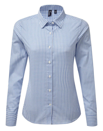 A blue and white check button-up shirt with a collar and long sleeves, featuring a logo.