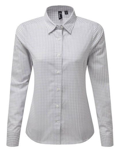 A women's long-sleeve button-up shirt in a grey check pattern with a collar and a logo.