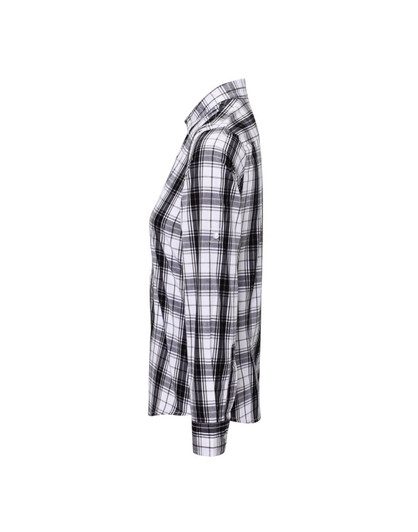 A button-up shirt in a black and white check pattern, featuring a classic collar and long sleeves.