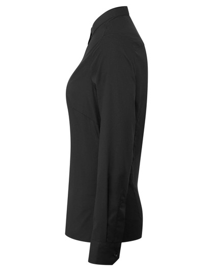 A women's black banded collar button-up shirt, featuring a sleek side profile and long sleeves.