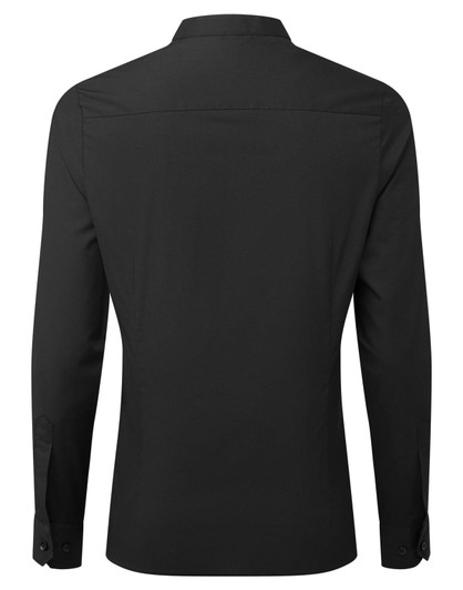 A black women's banded collar grandad shirt, featuring long sleeves and a button-up design, with a branding logo.