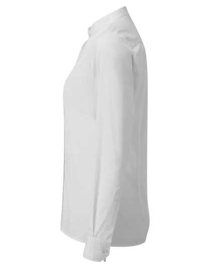 A white women's banded collar grandad shirt with long sleeves, featuring a subtle logo on the side.