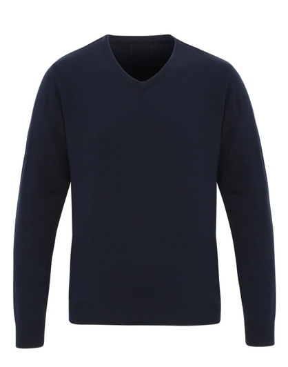 A navy v-neck sweater with long sleeves and no visible branding.