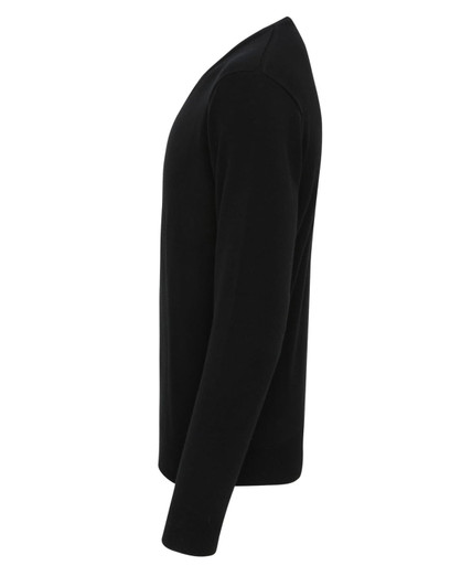A black essential v-neck sweater displayed from the side, highlighting its slim fit and long sleeves.