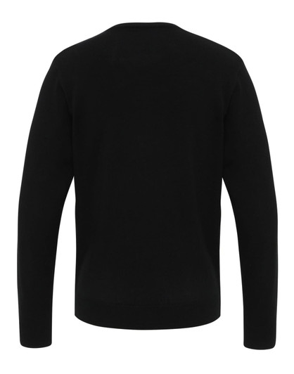 A black v-neck sweater displayed from the back, featuring long sleeves and a simple design. It has a logo.