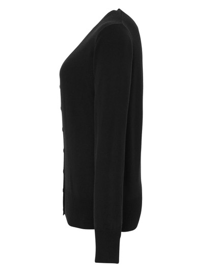 A black women's essential cardigan displayed from the side, featuring a button front and long sleeves.
