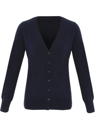 A navy blue women's essential cardigan with a V-neck and button closure, featuring long sleeves.