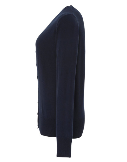 A navy blue women's essential cardigan with a button-up front and long sleeves, featuring a logo on the label.