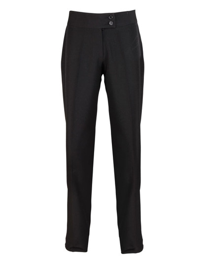 Black straight leg trousers featuring two front buttons and a sleek design. Includes a logo on the waistband.