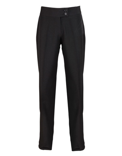 Straight leg trousers in black with a smooth finish and two button details at the waistband. Features a logo.