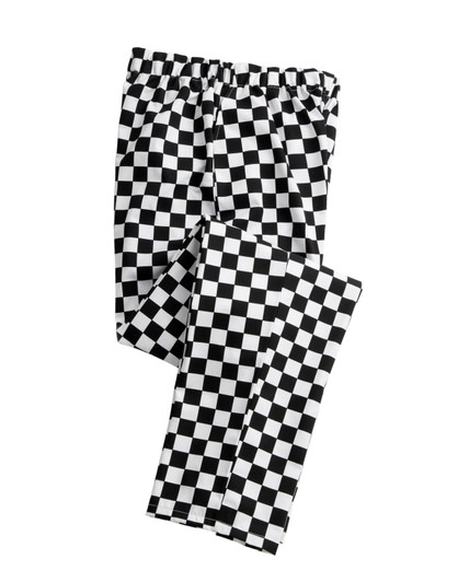 Black and white checkered chef's trousers with an elastic waistband, featuring a classic, bold pattern.