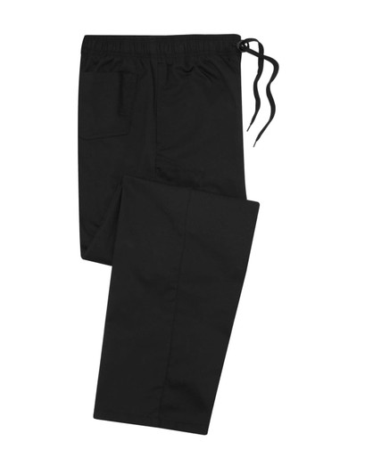 Black slim leg trousers with an elastic waistband and drawstring, featuring a side pocket.