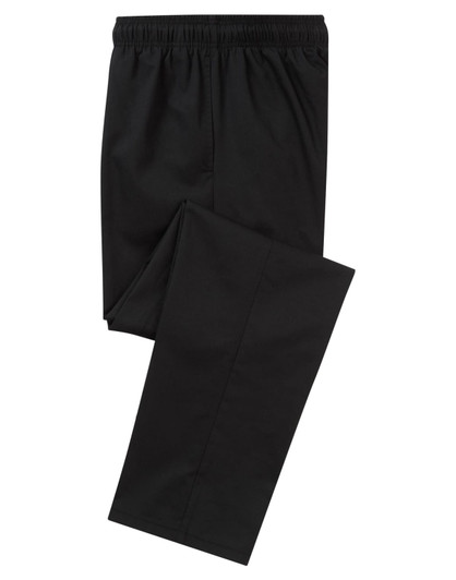 A pair of black cargo trousers with an elastic waistband, featuring multiple pockets and a logo.
