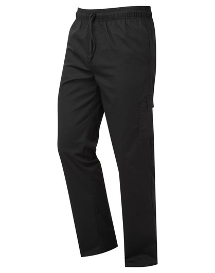 Black cargo trousers with a drawstring waist and side pockets, ideal for cooking or casual wear.