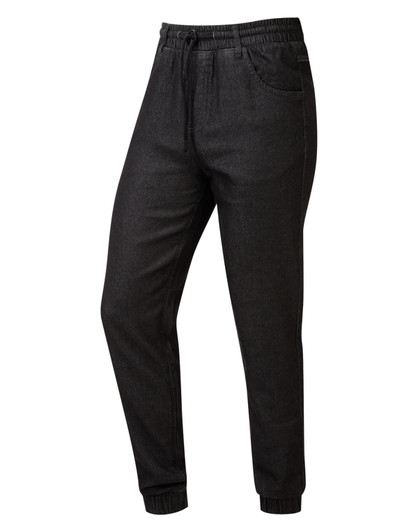 Black jogger-style pants with an elastic waistband and pocket, suitable for chefs. Features a logo on the waistband.