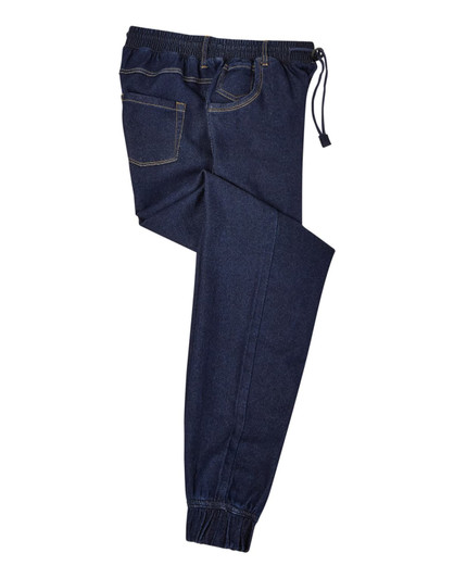 Navy jogger bottoms with an elastic waistband and drawstring, featuring pockets and a relaxed fit.