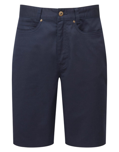 Navy Performance Chino Shorts featuring a front button and pockets, complete with a branding logo.