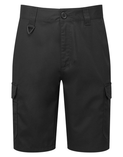 Workwear cargo shorts in black with side pockets and a belt loop detail. Features a button closure and no visible branding.