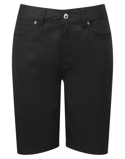 Black women's performance chino shorts with a sleek design, featuring front pockets and a button closure.