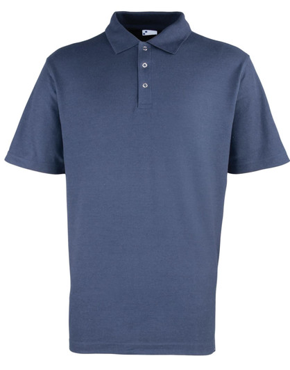 A navy blue polo shirt featuring a classic collar and three-button placket, with a branding logo on the side.
