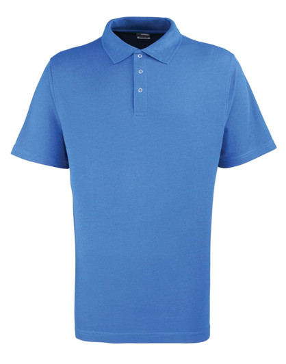A blue polo shirt with short sleeves and a three-button placket, featuring a logo on the chest area.