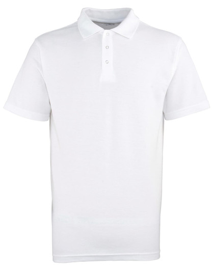 A plain white polo shirt with a collar and three-button placket, featuring a logo on the chest.