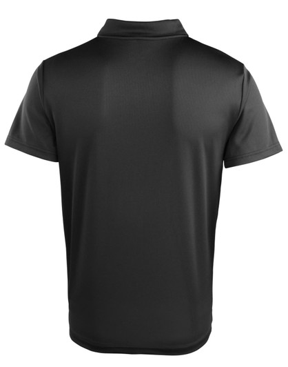 A black polo shirt featuring a smooth fabric finish and a collar, with a logo on the back.