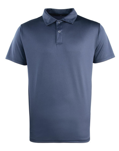 A navy blue studded polo shirt with a collar and three button placket, featuring a logo.