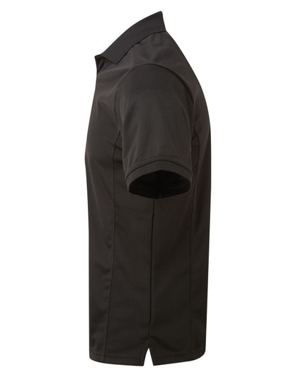 A black polo shirt displayed from the side, featuring short sleeves and a collar, with a logo present.