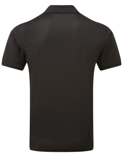 A black polo shirt with a classic pique fabric and a collar, featuring a logo on the front.
