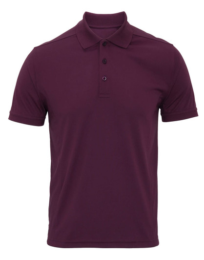 A maroon pique polo shirt with a three-button placket and short sleeves. It features a logo on the chest.