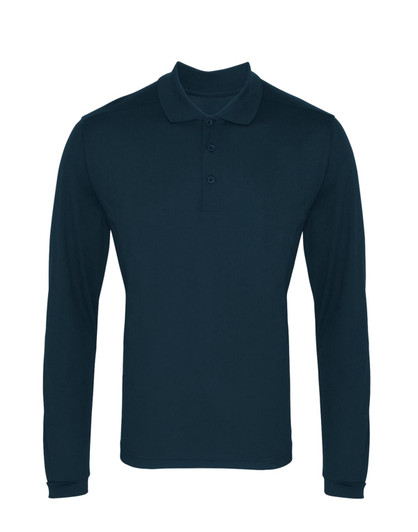 A dark blue long-sleeve polo shirt with a collared neckline and three buttons, featuring a logo.