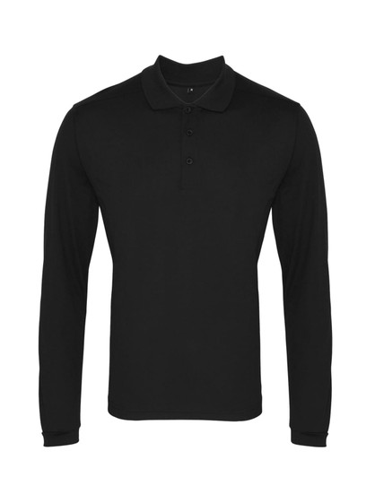 A black long-sleeved polo shirt with a classic collar and buttons, featuring a logo.
