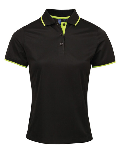 A black women's polo shirt featuring contrast lime green detailing and a collar, with a logo on the chest.