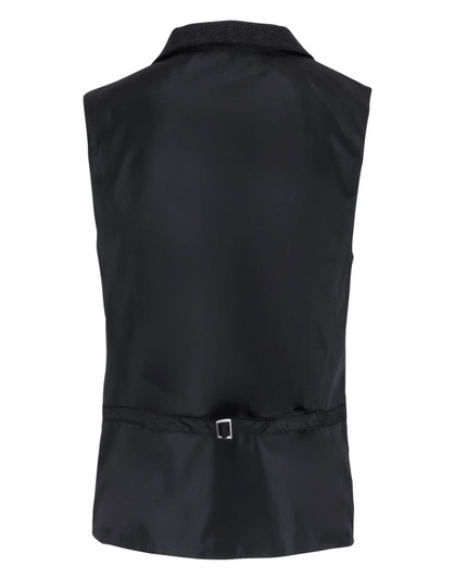 A black herringbone waistcoat with a collared neckline and a belt detail at the back. The fabric appears smooth and sleek.