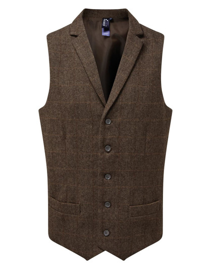A herringbone waistcoat in a rich brown hue, featuring a single-breasted design and two front pockets.