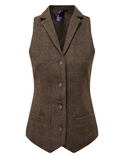 A herringbone waistcoat in brown with a fitted design, featuring a notch collar and front buttons. It has side pockets.