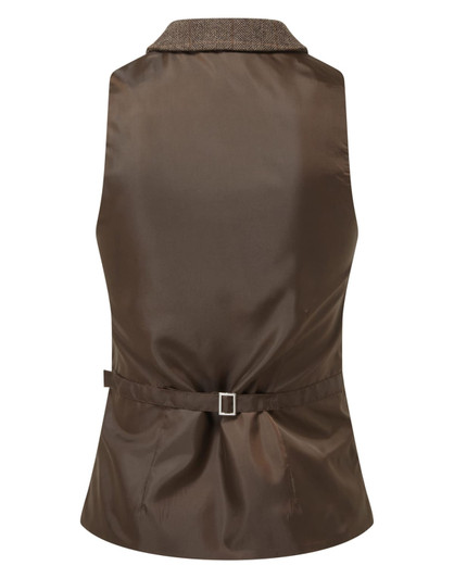 A brown women's herringbone waistcoat with a fitted back and adjustable belt. Features a sleeveless design.