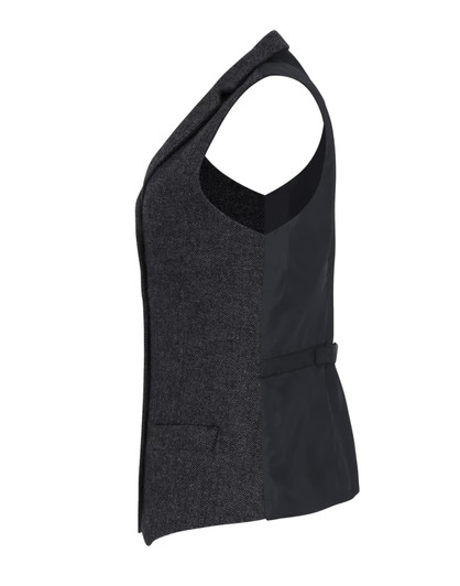 A women's herringbone waistcoat in grey, featuring a sleek design and a fitted silhouette. It includes a logo.