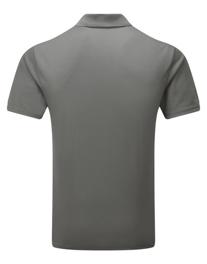 A grey men's polo shirt with a classic collar and short sleeves, featuring a logo on the front.