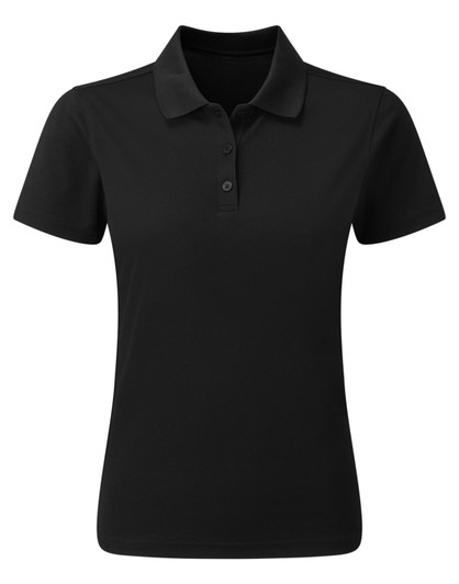 A black women's polo shirt made from recycled spun dyed fabric, featuring a collar and button placket.