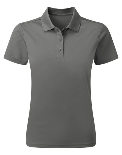 A grey women's polo shirt made from recycled materials, featuring a standard collar and three buttons.