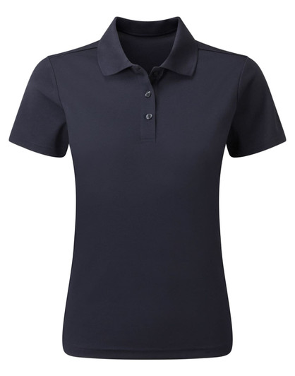 A navy women's polo shirt made from recycled materials, featuring a collar and three buttons, with a logo.
