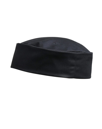 A black chef's hat with a flat top and a turned-up brim, featuring a subtle logo.