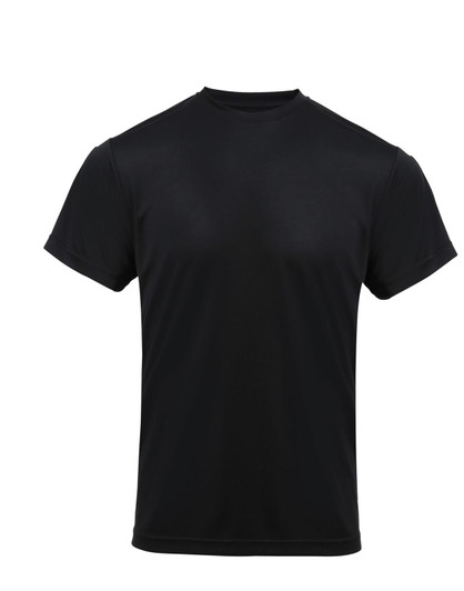 A black short-sleeved T-shirt made from lightweight fabric, featuring a logo. Suitable for chefwear.