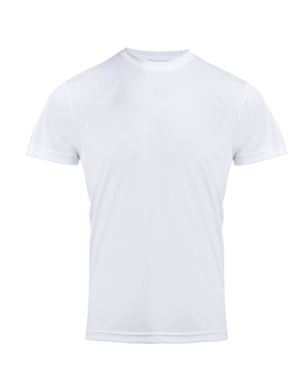 A white chef's T-shirt made of lightweight fabric, featuring a simple design with a logo.