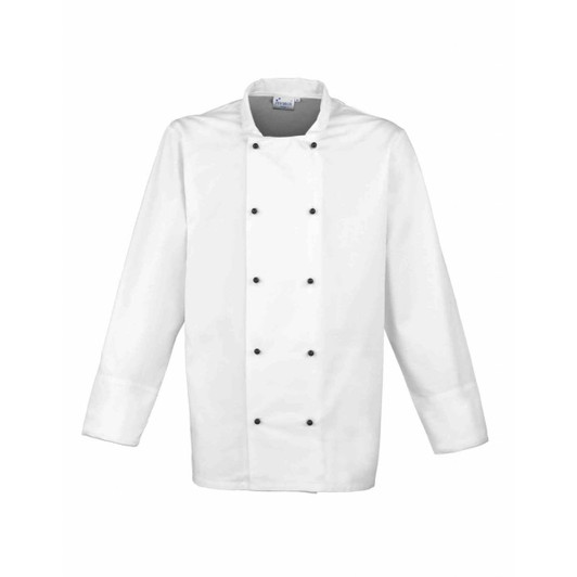 A white chef's jacket featuring black studs and a classic collar, designed for professional kitchen use.
