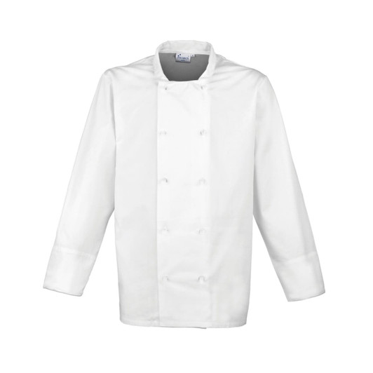 A white chef's jacket with a double-breasted design and long sleeves. The jacket features a logo on the collar.