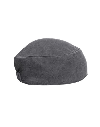 A grey chef's skull cap with a rounded shape and fabric texture, featuring a logo on the side.